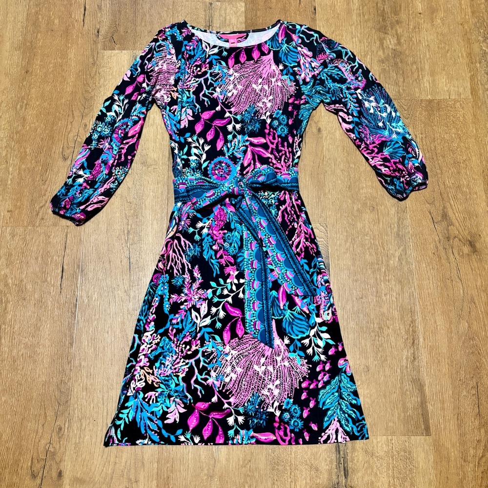 Lilly Pulitzer Shae Knee Length Dress Coral Long Sleeve Belted NWT $178 Pullover